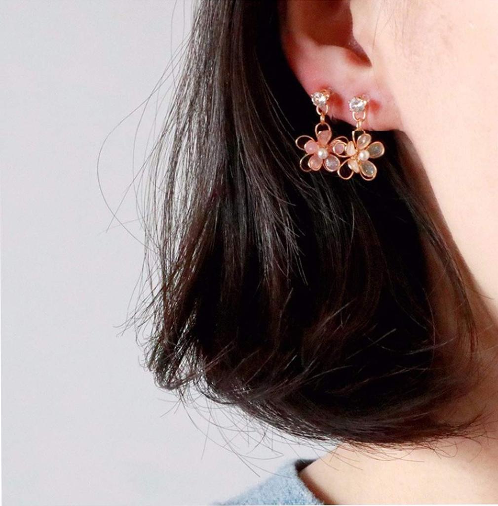 Earrings for Comes with Gift Box "Sukie" Women, Resin, Non-Pierced Earrings, Clip-on, Dangling, Flower, Japanese-Style Earrings, (White-Flower,