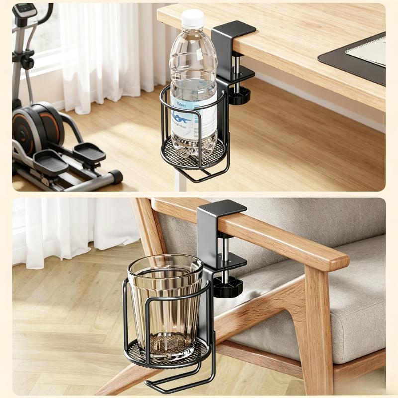 2-in-1 Rotating Desk Cup Holder, Drill-Free 360° Swivel Clamp, Anti-Fall Adjustable Cup Rack for Home and Office Table Edge
