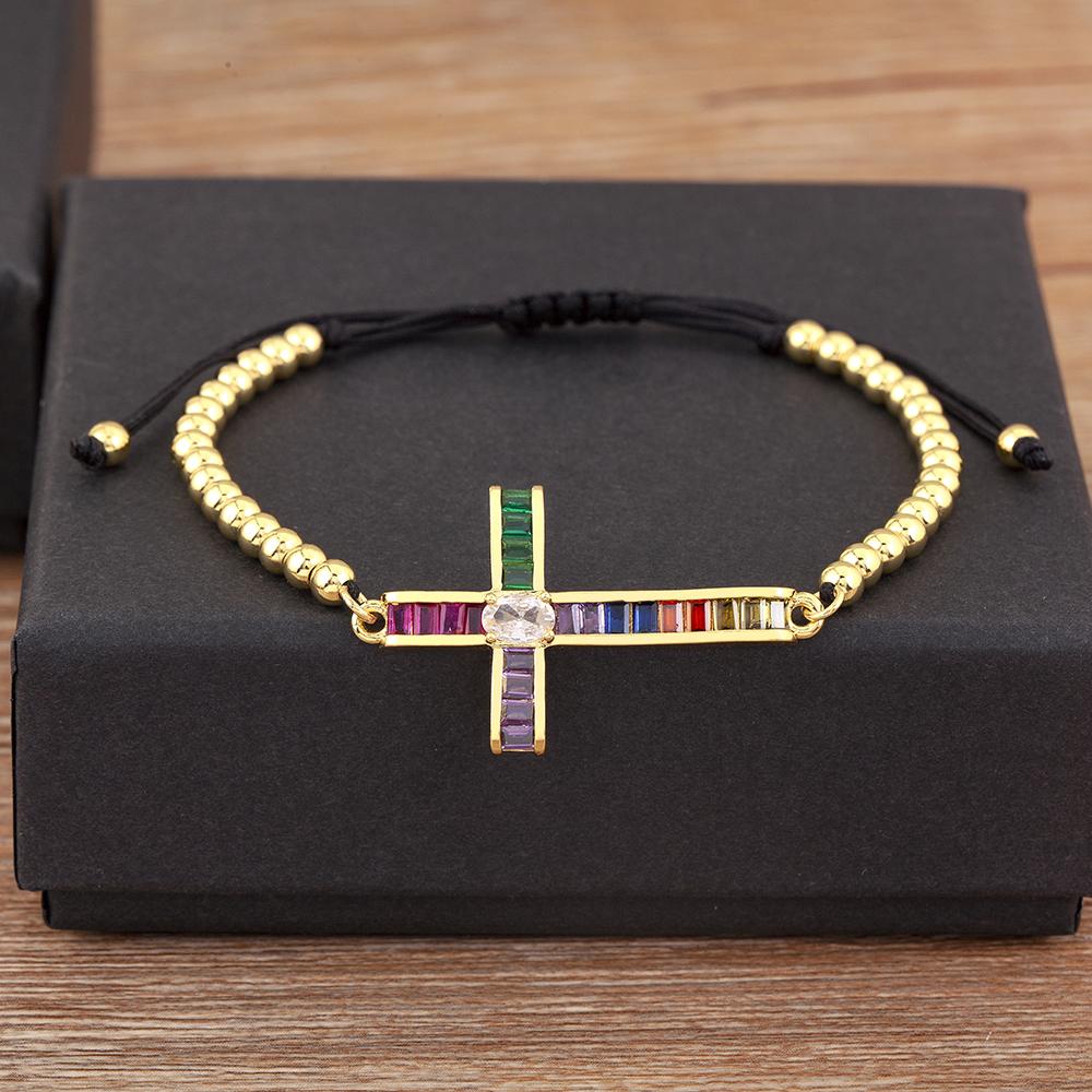 

Nidin High Quality Inlaid Colorful Zircon Cross Bracelets Adjustable For Women Men Religious Style Jewelry Accessories Gifts