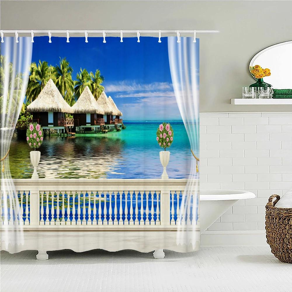 3D Waterproof Fabric Polyester Shower Curtains landscape Outside the Window Bathroom Curtains With Hooks Bathtub Decor Screen