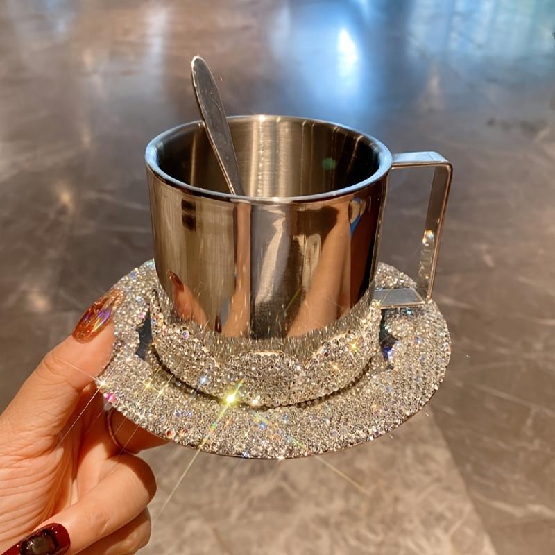 Rhinestone Coffee Cup Set with Saucers Shimmering Stainless Steel Insulated Mugs  Dessert Plates for Americano Latte Cafe Gift