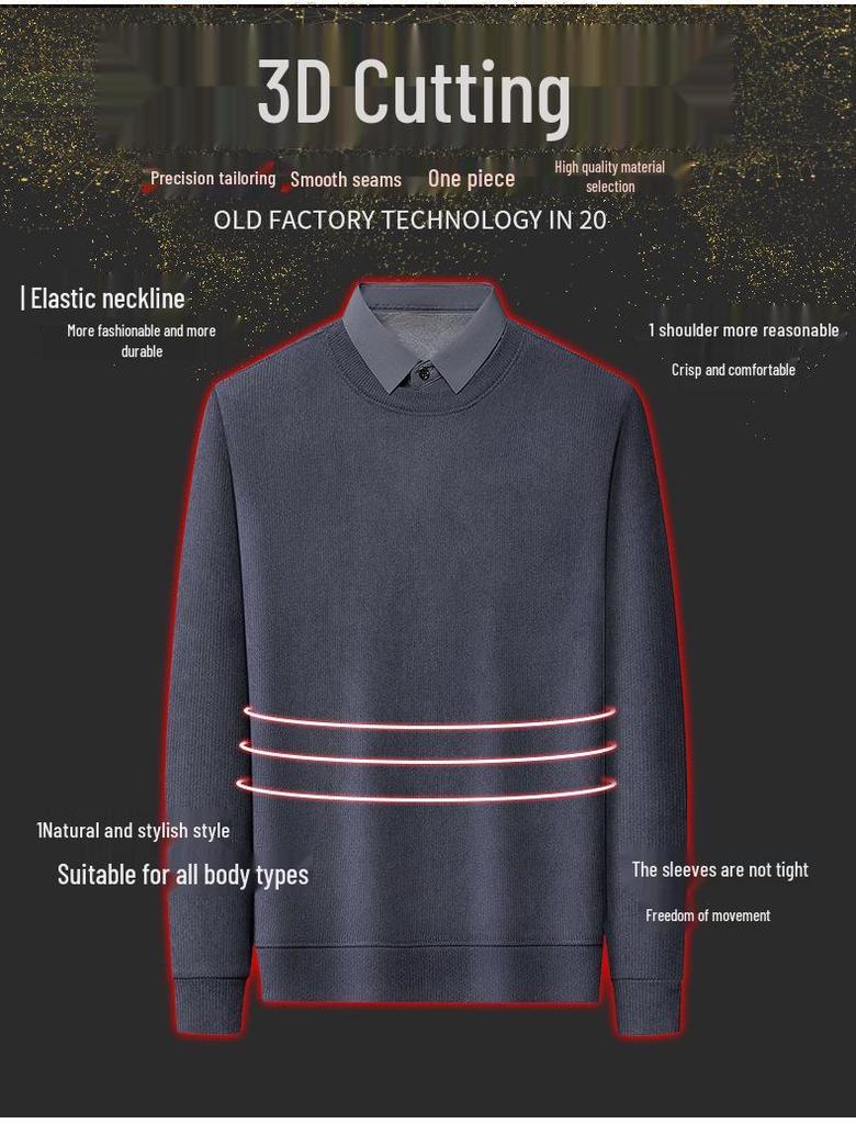 Men's Winter 2025 Faux Two-Piece Fleece-Lined Sweatshirt, Solid Color, Turn-Down Collar, Thick and Warm Long-Sleeve.