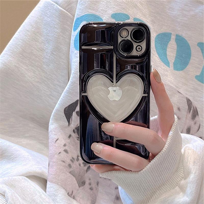 Luxury Love Heart Plating Phone Case For iPhone 14 Plus 15 12 11 13 Pro Max Clear Hollow Display Hole Shockproof Soft Back Cover