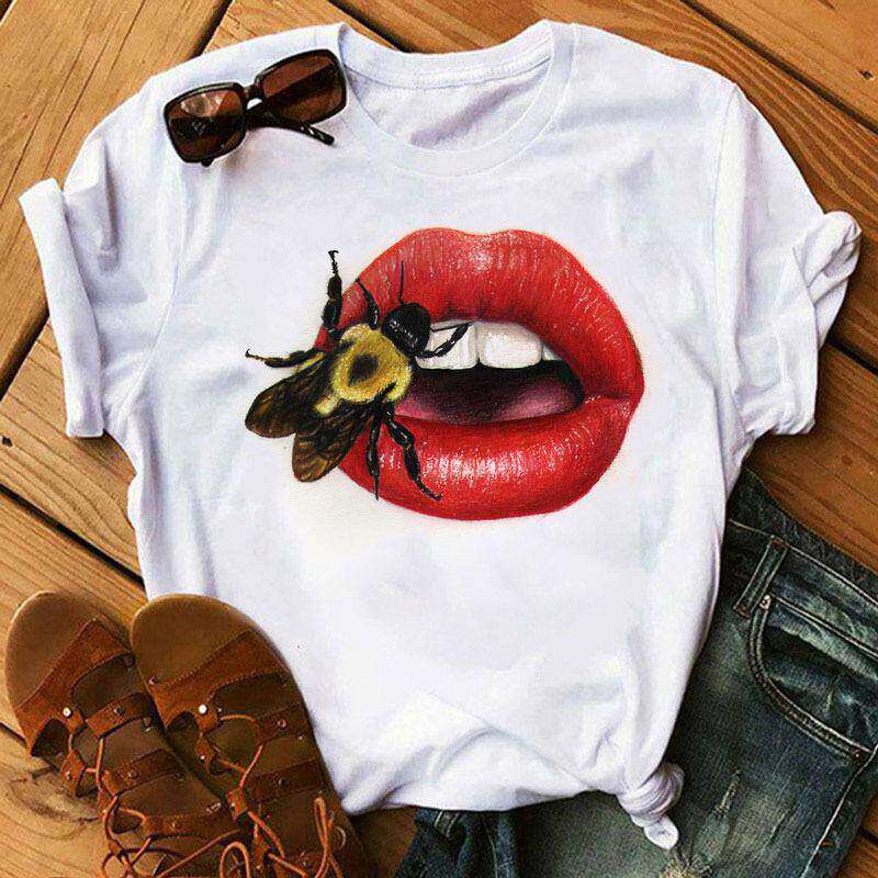 Lippen Reine Baumwolle Bedruckt Unisex und Damen Modetrend T-Shirt Sommer Neu Personalisiert Rundhals Locker Lässig T-Shirt