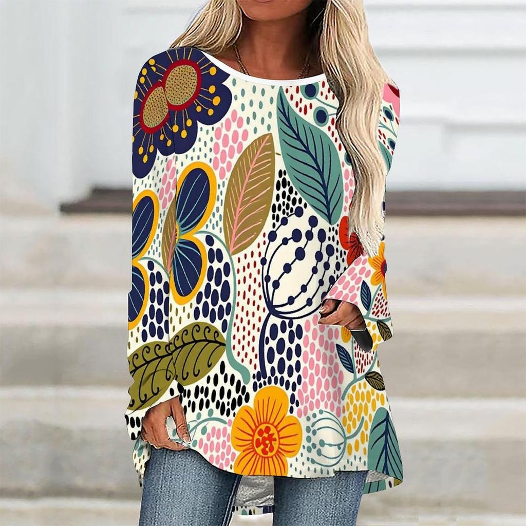 Plus Size Women Spring Floral Printed Comfy Long Sleeve Round Collar T-shirt Casual Baggy Mid Length Tee Tops
