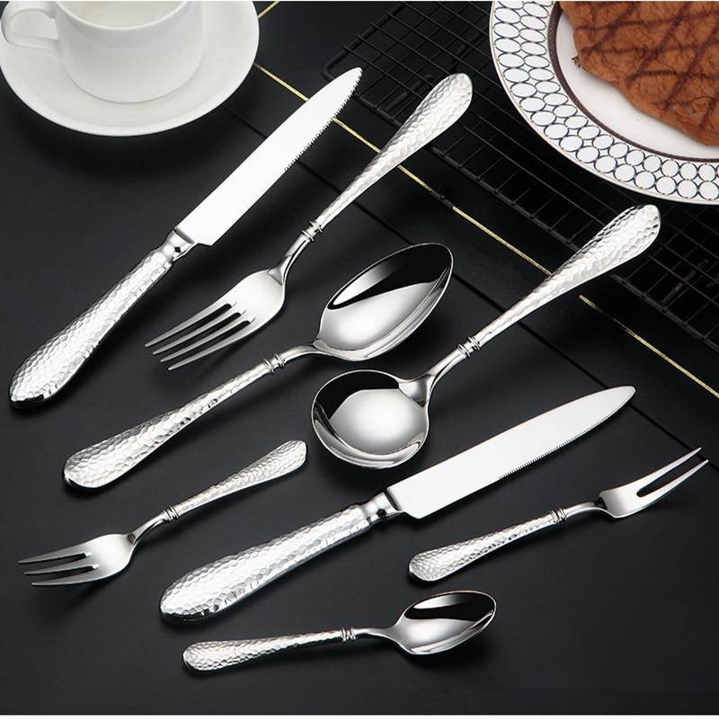 Heavy Hammer Pattern 304 Stainless Steel Cutlery Set Water Cube Buffet Knife Fork Spoon Hotel Tableware Beauty Table Accessories