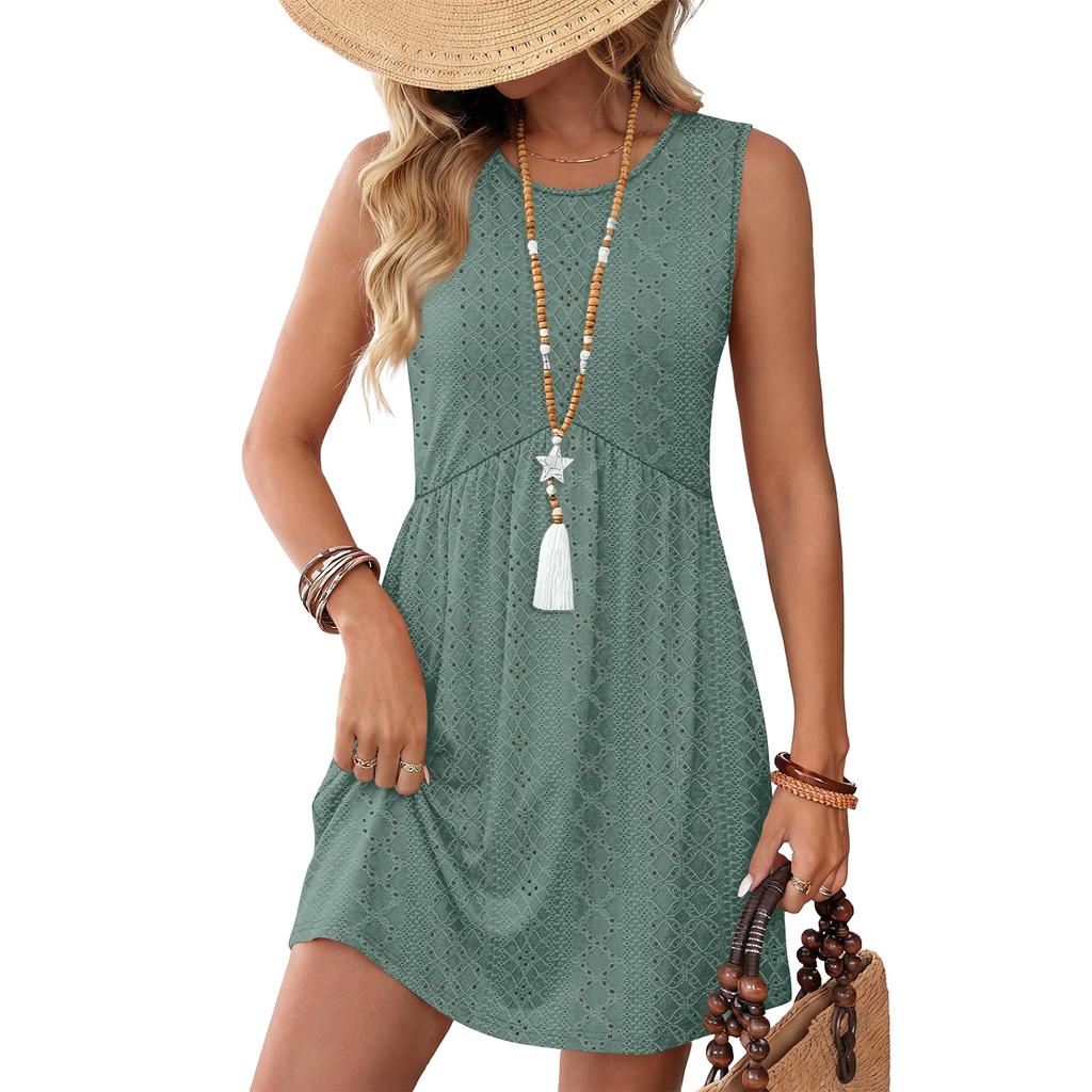 Dresses For Women Summer Casual Crewneck Short Dress Spring Sleeveless Sundress With Pockets