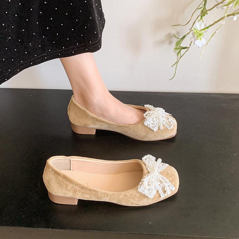 Square head single shoes women's summer new Doudou shoes pearl flat bottom shallow mouth versatile evening gentle laden shoes