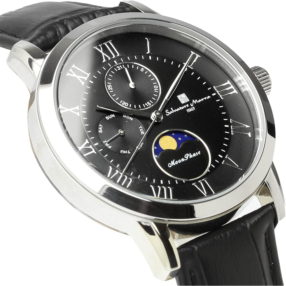 Salvatore Marra Moon Phase Multi-Calendar Men's Watch 5 ATM Water Resistant Leather Strap Silver Black SM21106-SSBK