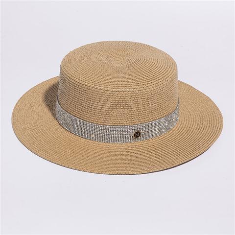 Rhinestone Flat Top Straw Hat M Standard Hat Women's Beach Travel Hat Fashion Wide Brim Versatile Sun Protection Flat Brim Straw Hat