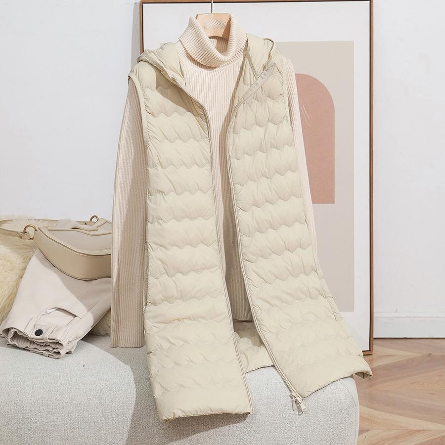 

Женский безрукавный длинный жилет Осень Зима Легкий пуховый жилет с капюшоном Портативное пуховое пальто S бежевый