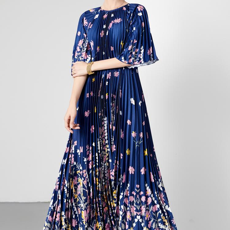 Summer Women Vintage Print Flower Loose Maxi Party Dresses with Belt