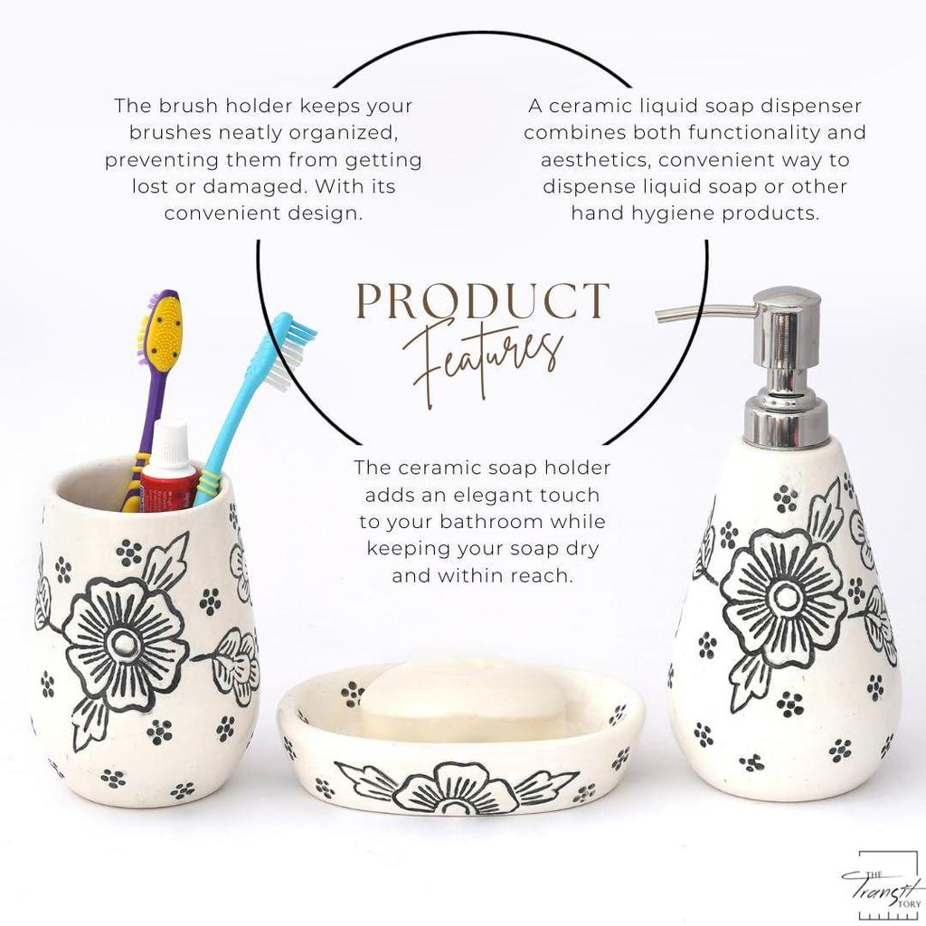 Ceramic Bathroom Accessories Set of 3 | Modern Luxury Bath Set with 300ml Soap Dispenser, Toothbrush Holder & Soap Dish | Home Decor Itemsd