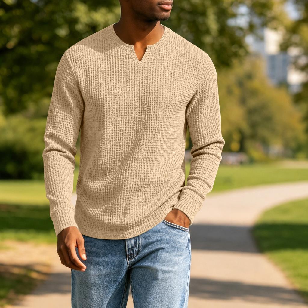 Men's Casual V-Neck Long Sleeve Shirt Loose Fit Top