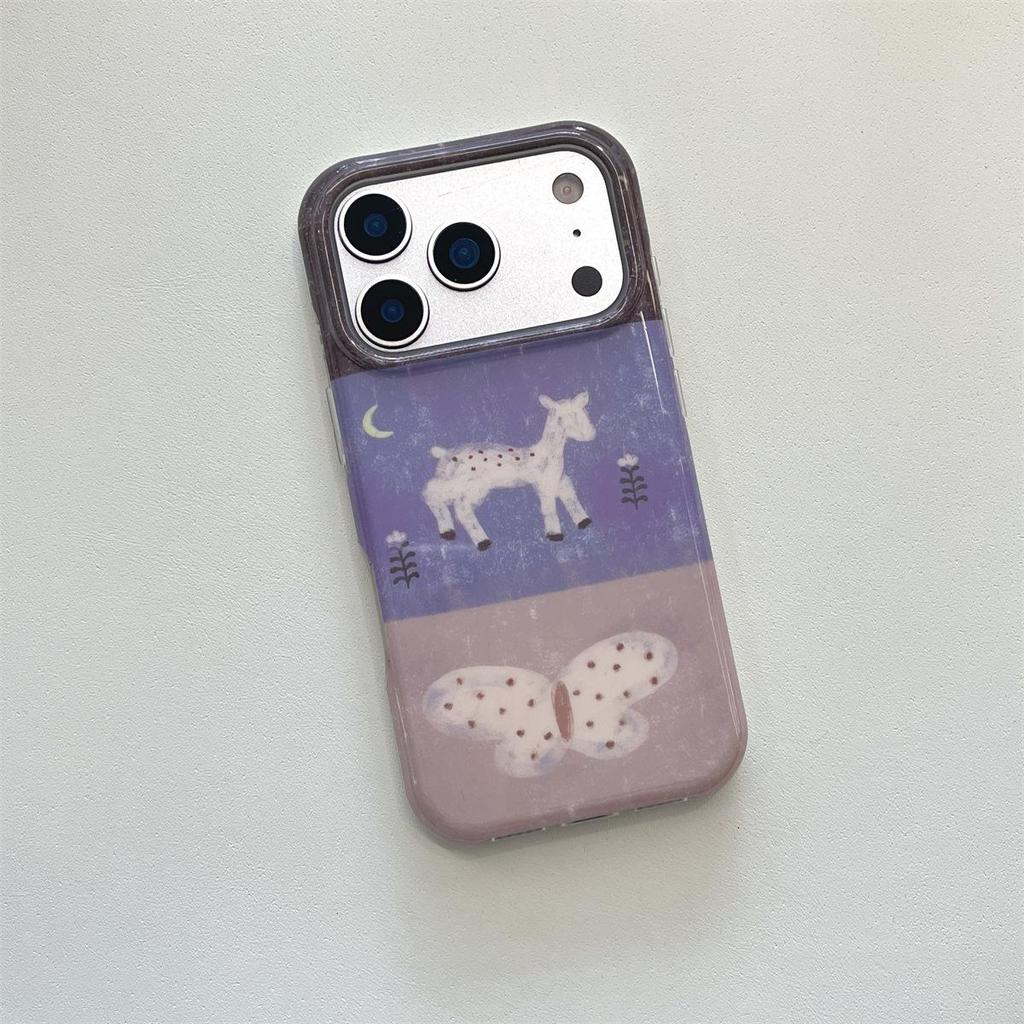 Cartoon Patchwork Little Deer Butterfly iPhone 14/13/12/11/SE/XS/8 Case, Anti-Fall, Apple Pro/Max Compatible