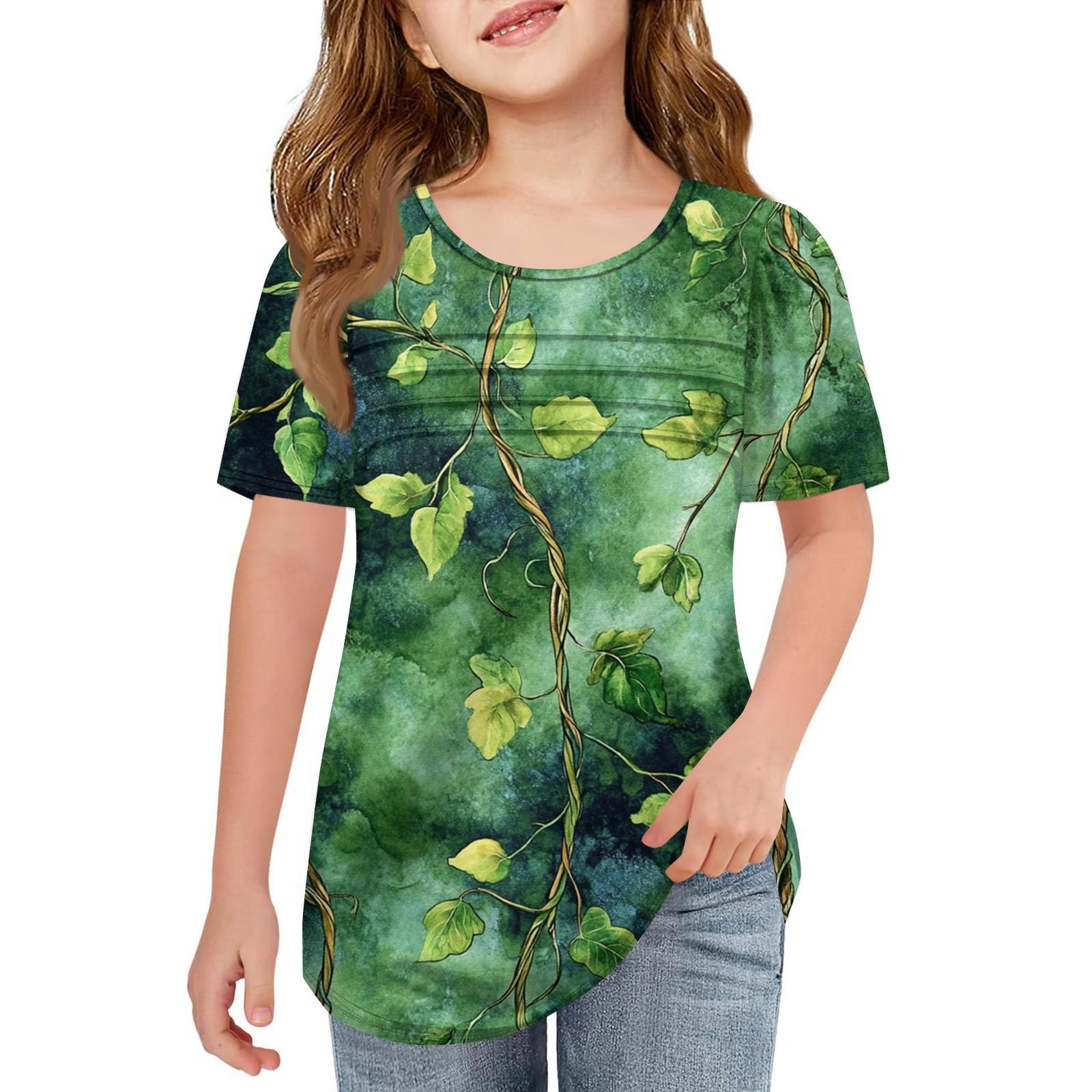 

Children Fold T-shirts Short-sleeved Summer Round Collar T-shirt Printing Flowers Leisure Coat 150 зелёный