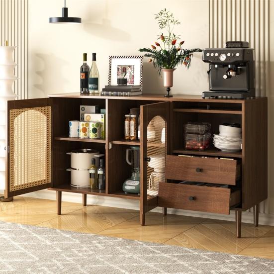 Country Style Sideboard with Rattan Doors, 130 x 75.5 x 40cm Magnetic Lock, Adjustable Shelves, Sturdy Structure, Versatile