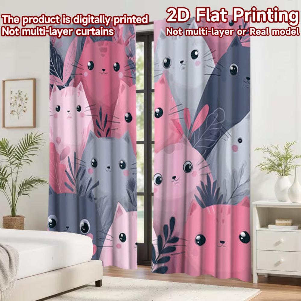 2D flat printing 2pcs Curtain Scene Curtains Cute Pink Cats Digital Printed Polyester Drapes Family Party Decoration Use for