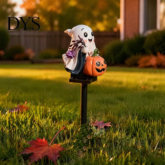 Creative Seasonal Lawn Ornaments Solar Ghost Pumpkin Stake Light, LED Auto Light Sensor Outdoor Garden Lamp, Waterproof Resin Landscape Lamp