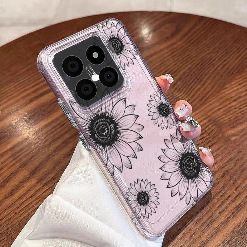 Black Line Floral Pattern Case For Xiaomi Redmi Note 15 Pro 4G Funda Redmi Note 14 13 Pro 5G Clear TPU Silicone Soft Cover