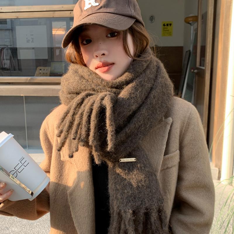 Women's wool-blended knitted solid-color scarf winter thickened warm student scarf men