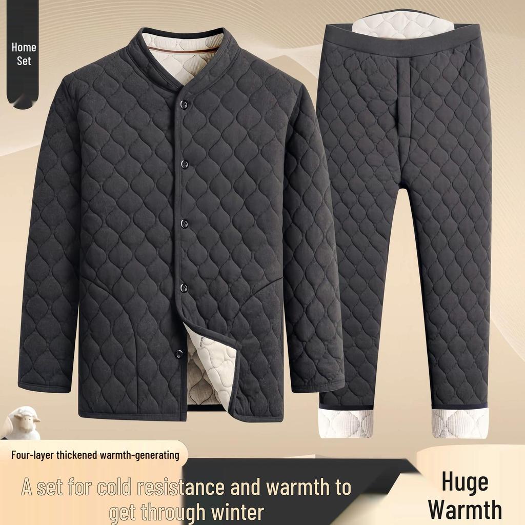 Men's Winter Plush Jacket & Pants Set - Thickened Cotton Outerwear for Middle-aged & Elderly Warmth