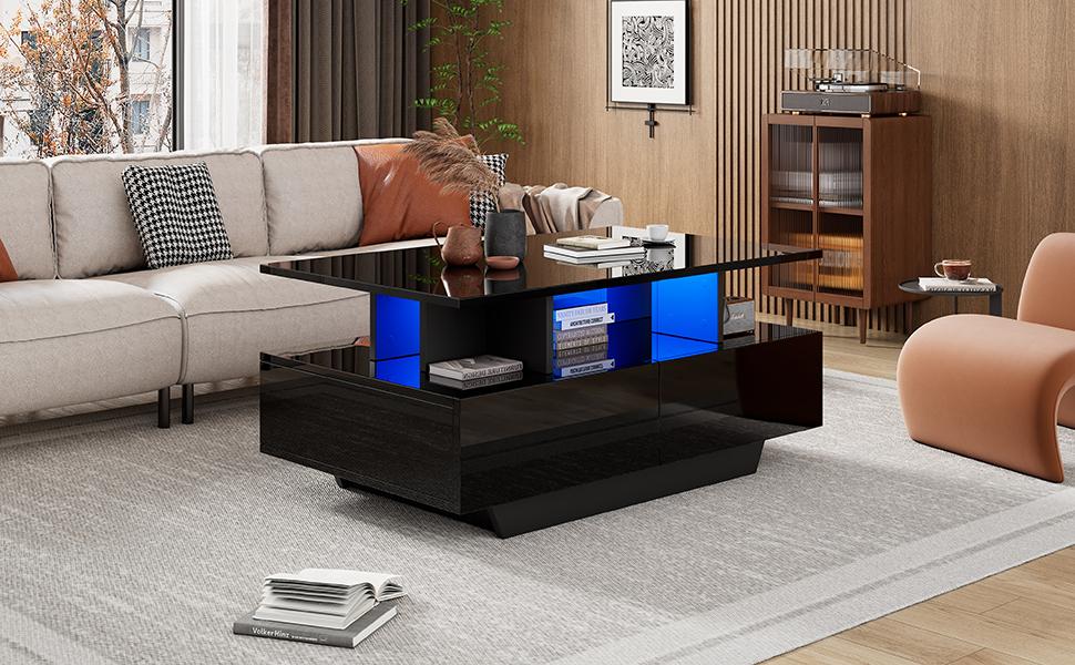 Moderner Hochglanz-Couchtisch mit LED-Beleuchtung und 2 Schubladen – Stilvoller 90x55x41 cm Beistelltisch mit Stauraum, Belastbarkeit bis 30 kg