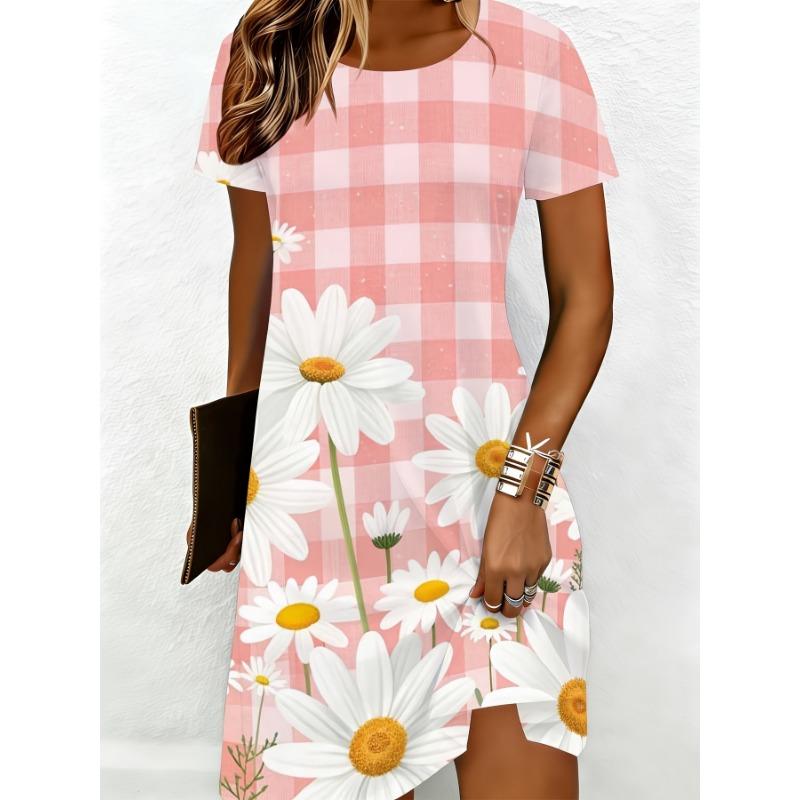 Summer Outing Dress, Pink Plaid Daisy Pattern S