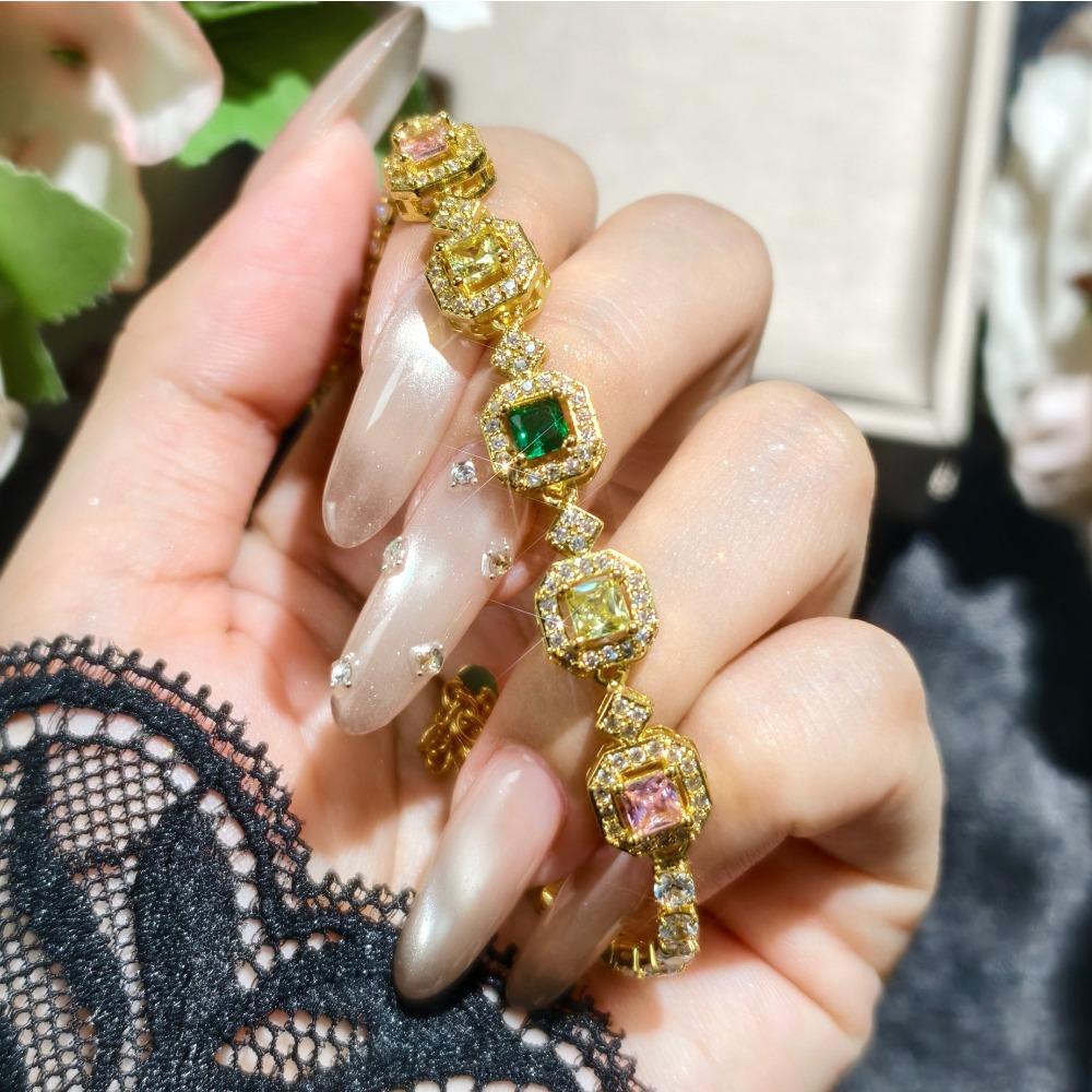 High-end Simulation Color Tourmaline Princess Square Full Diamond Bracelet Femininity Fashion Jewelry