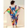 Women's Fashion Summer Spring Feather Print 3/4 Sleeves V-Neck Loose Waistline Casual Dresses