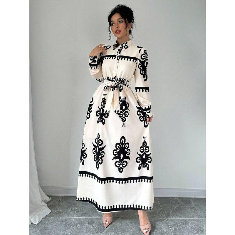 

Модный стиль Модный этнический стиль С принтом узоров Длинные рукава Длинное платье Осень Новое поступление Экзотическая женская одежда 1 apricot bottom black flower XL