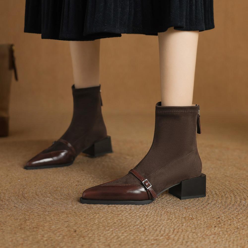 Short Boots Women's 2025 Winter Thick Heel Pointed Women's Leather Shoes Retro Cowhide Splicing Short Boot Thin Ankle Boots