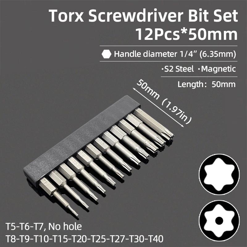 Torx Screwdriver Bit 50mm Magnetic S2 Steel 1/4'' Hex Shank Hollow Hole Security Bits T5-T40 Electric Drill Driver Hand Tools