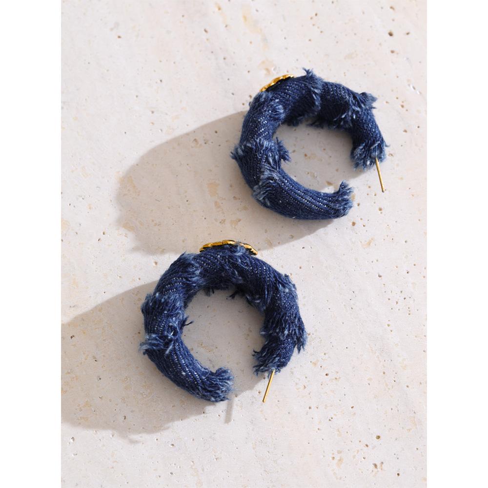 Eetit Creative Blue Denim Flower C Shape Hoop Earrings Women Stainless Steel Popular Jewelry Autumn & Winter New 2025 Wholesale