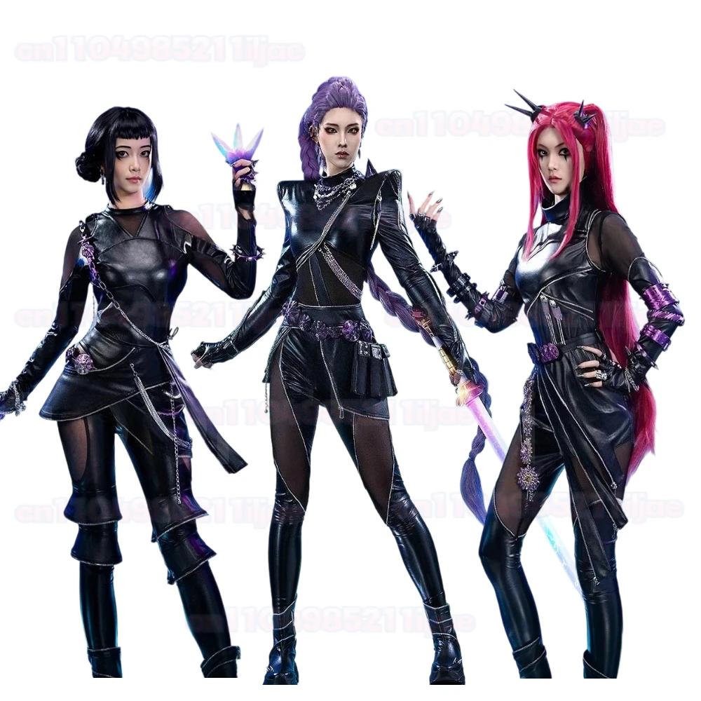 Kpop Demons Hunters Rumi Cosplay Costume Wig Black Leather Battle Suit Adult Women Coat Pants Belt Gloves Halloween Party
