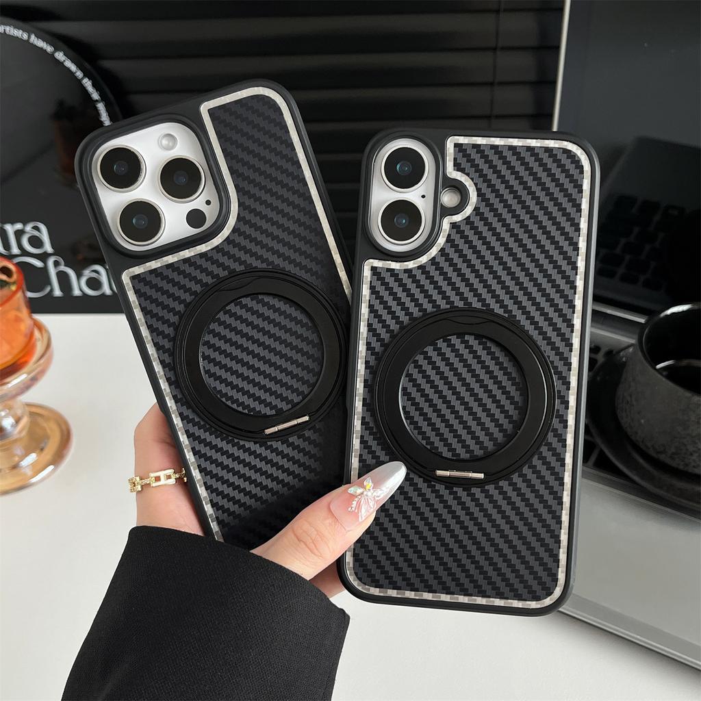 Carbon Fiber Magnetic Suction Phone Case for IPhone 16 Promax Protective Cover Invisible Rotating Bracket