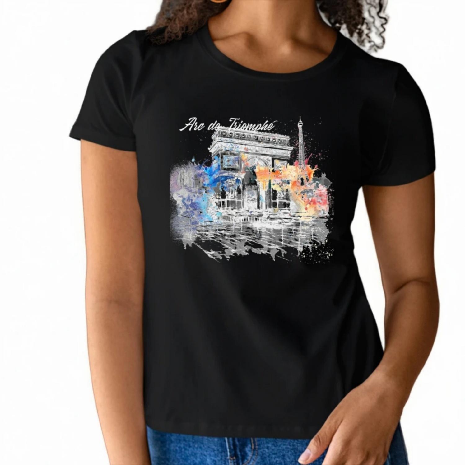 

Artistic Womens Short Sleeve T Shirt Arc de Triomphe Design with Colorful Splash Art for a Parisian inspired Summer Look XXXXXL різнокольоровий