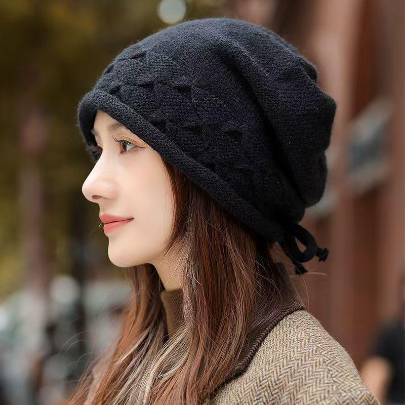 Women's Large Head Slouchy Beanie with Ear Protection and Drawstring - Versatile Warm Knit Hat for Small Faces In Autumn and Winter