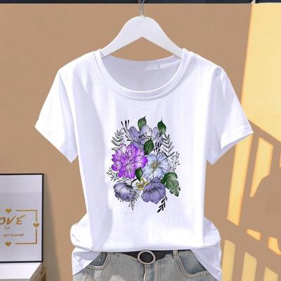 (Asiatische Größe) Kurzarm T-Shirts Aquarell Blumen Stil Trend T Kleidung Lässig Mode Druck Weiblich Lässig Damen Oberteil Grafik T-Shirt