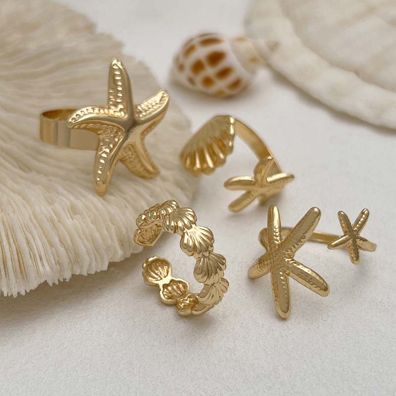 4Pcs/Set Boho Metal Starfish Open Rings For Women Men Exaggerated Gold Color Geometric Adjustable Ring Beach Jewelry Accessory