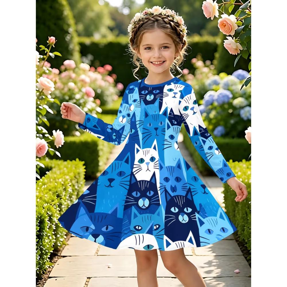 Girls' 3D Color Cat Dress Long Sleeve Summer Spring Vacation Daily Holiday Princess Beautiful Sweet Kids 4-12 Years Casual Dress A Line Dress