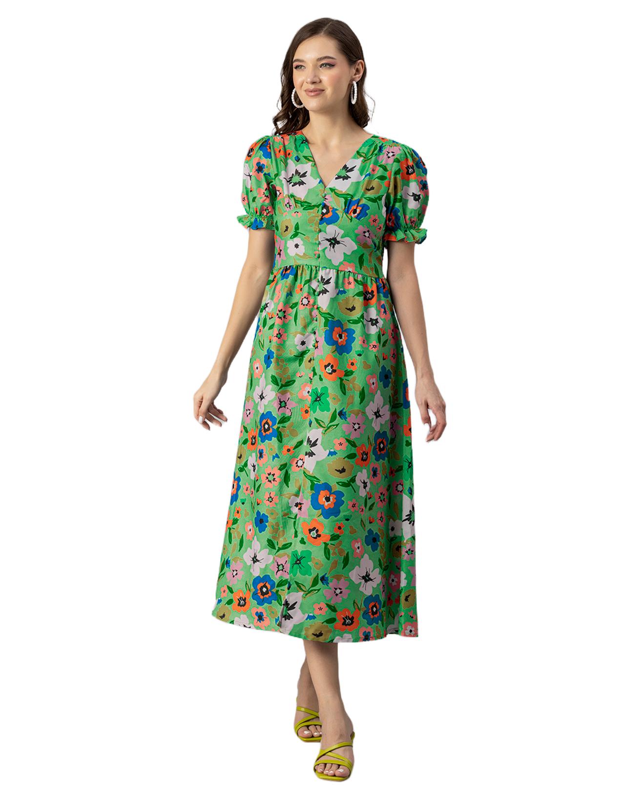 

Жіноча сукня Moomaya з принтом і розрізом спереду, рукавами-духами, зав’язками на спині, міді XS зелений