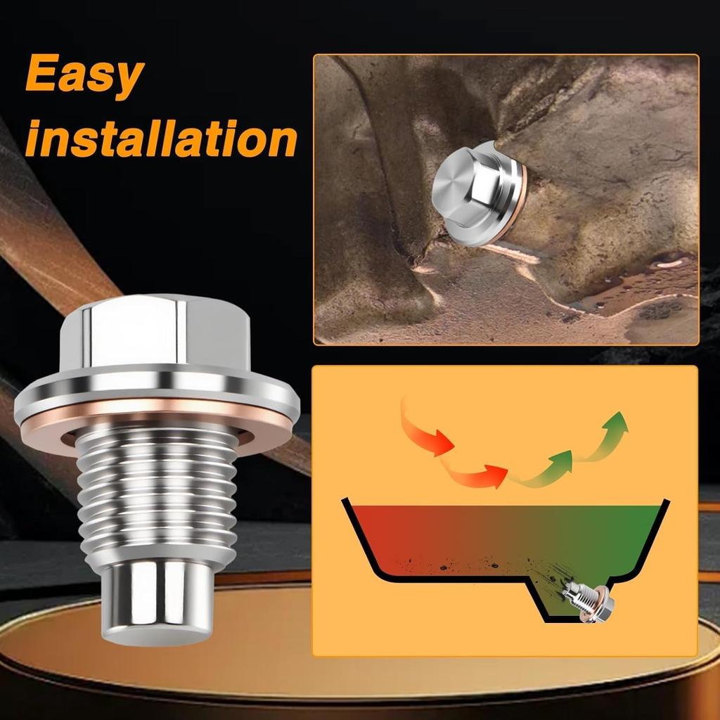 M12*1.25 Stainless Steel Magnetic Oil Drain Plug (with Extra 4 Copper Gaskets), Oil Pan Drain Nut Bolt, Anti Leakage Seal Compatible with Most Cars,
