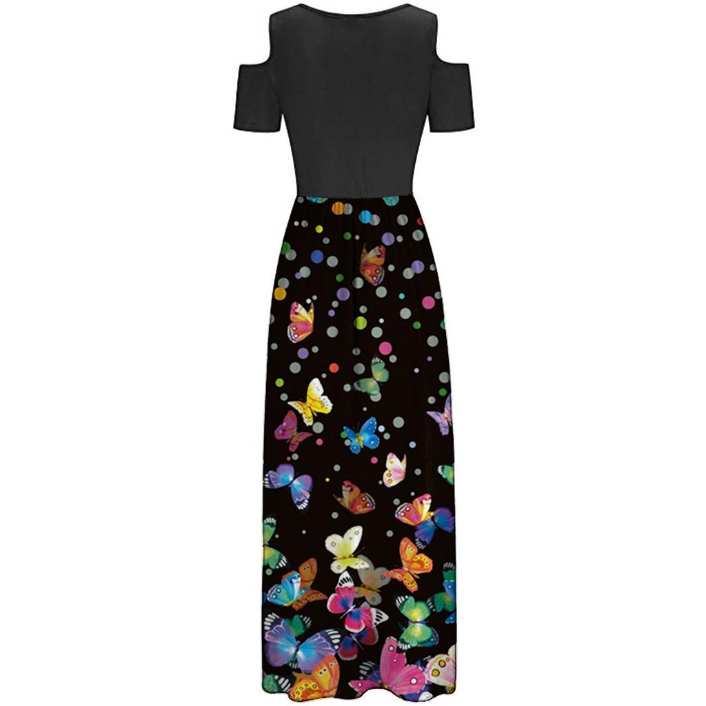 Women' Cold Shoulder Pocket Floral Print Elegant Maxi Short Sleeve Casual Dress