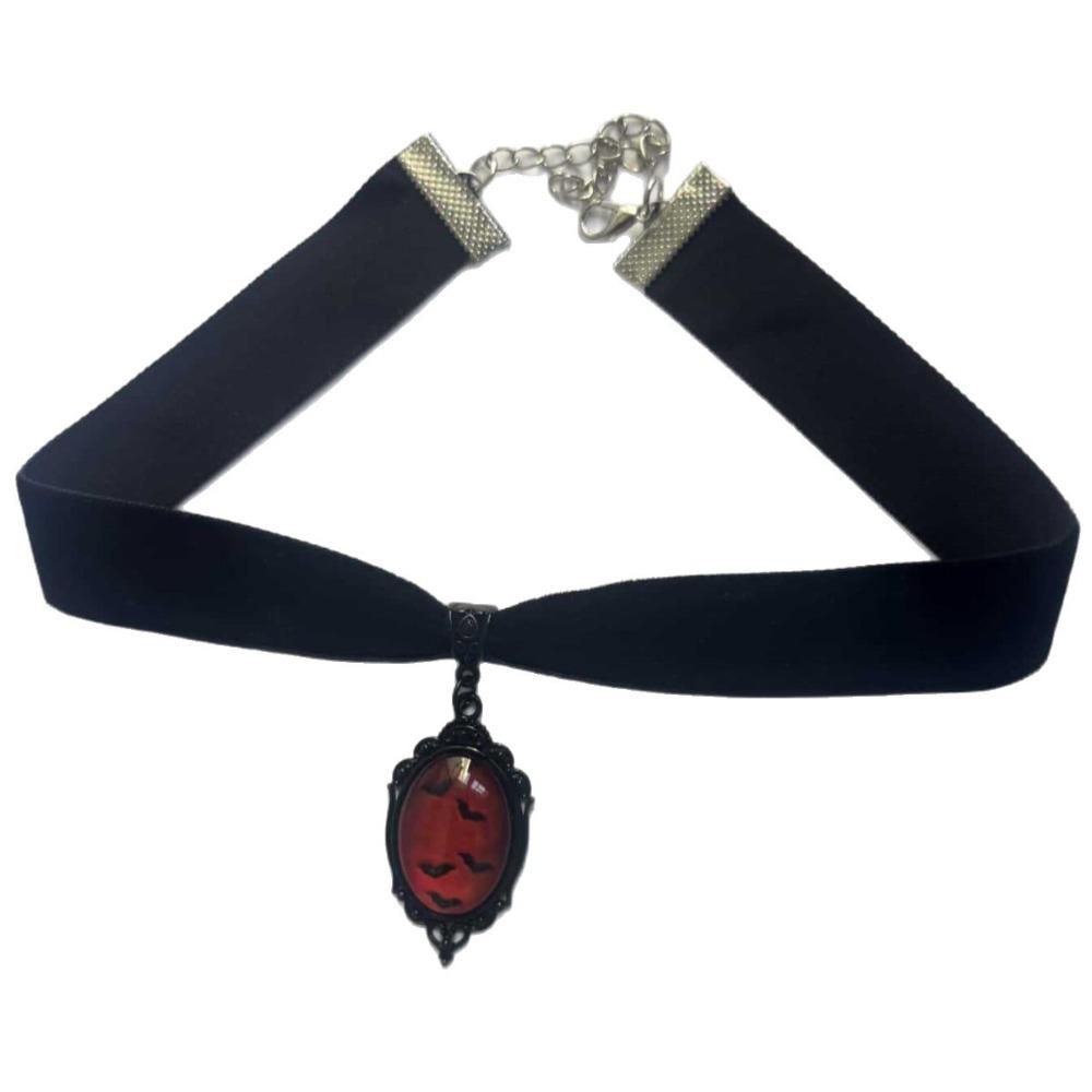 Gothic Geometric Oval Glass Crystal Vampire Bat Pattern Pendant Black Velvet Necklace for Women Halloween Party Jewelry Gifts