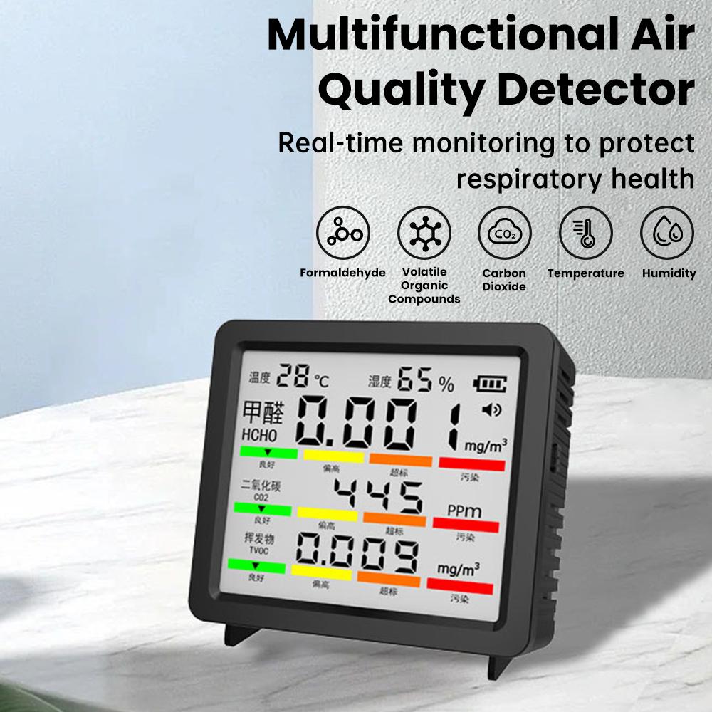 5-in-1 Digital Air Quality Monitor with Temperature and Humidity Meter CO₂/HCHO/TVOC Tester Type-C port
