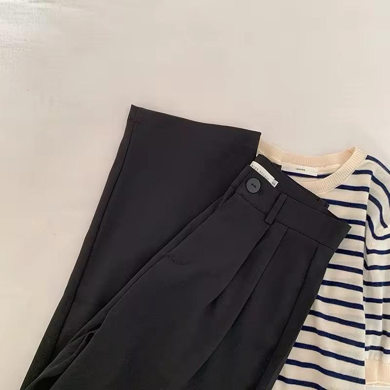 Herbst Damen Anzugshose Knopf Reißverschluss Hohe Taille Lange Hose Einfarbig Gerade Weites Bein Büro Dame Hose