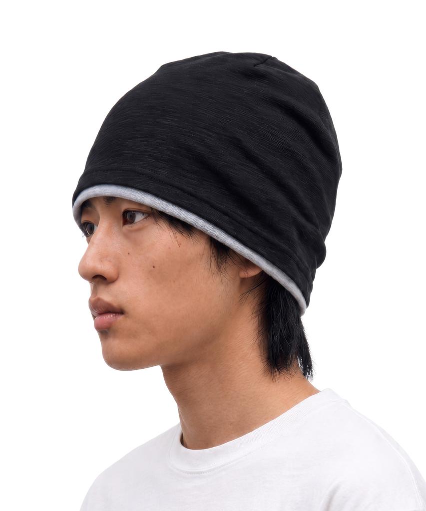 Eondeokeonteulol Cool Two-Tone Color Block Cotton Long Loose Fit Hat Beanie / Layered Slub / Black