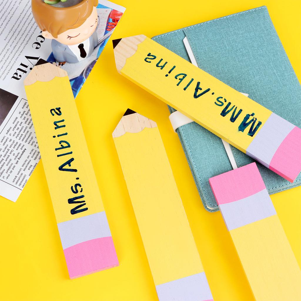 4 Pcs Personalized Pencil Teacher Name Plates And 2 Pieces Marker English Templa
