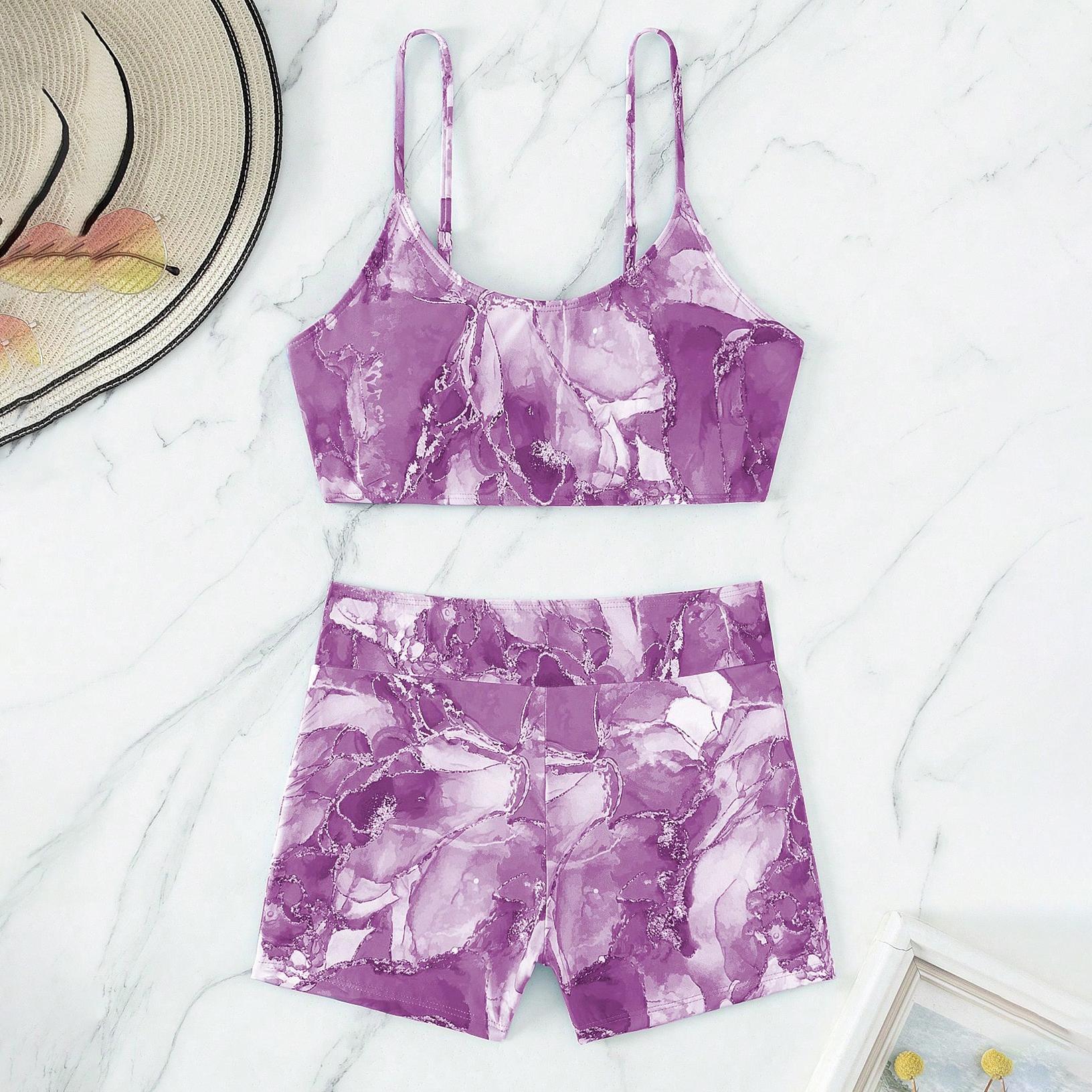 

Купальник женский, разделенный комплект из двух предметов, с высокой талией, без рукавов, верхняя рубашка, бикини с кулиской и принтом L фиолетовый